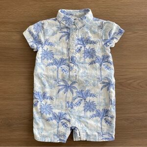 Janie and Jack Blue Palm Toile Linen-Cotton Polo Romper Boy’s Size 12-18M